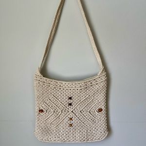 Cream macrame wood beaded shoulder bag